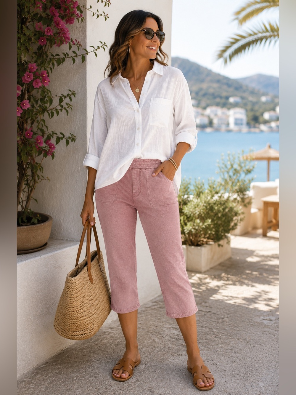 Pink Pull-On Capri Pants | Stretch Soft Denim | Medium